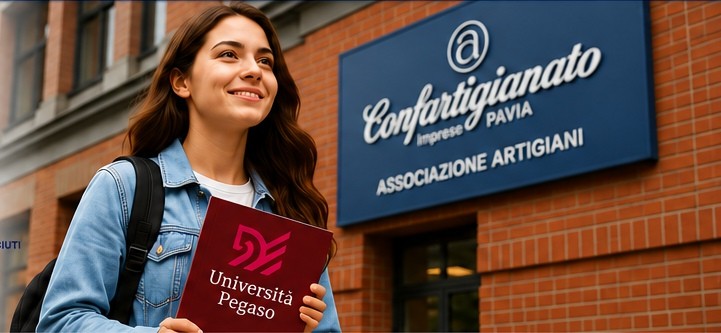 Studentessa davanti alla sede Confartigianato Imprese Pavia con libro Università Pegaso